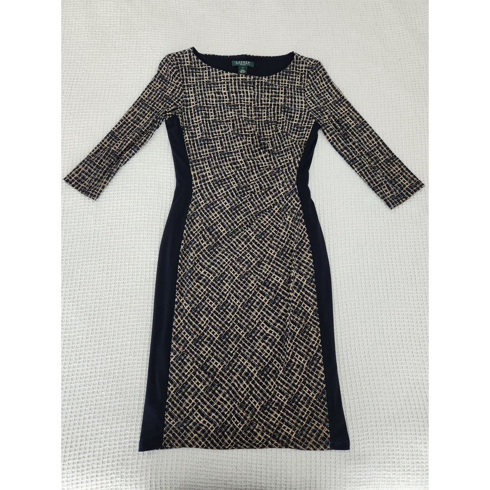 Lauren Ralph Lauren dress size 4 Lined Gold Office High Neck Ruched Midi